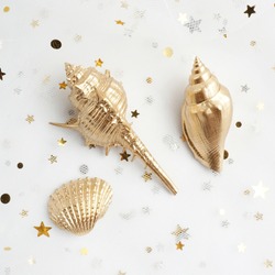gold shell isolated on white background. golden shells. starfish, conch. star and moon yarn.