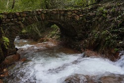 Small brook that flows under an old stone bridge