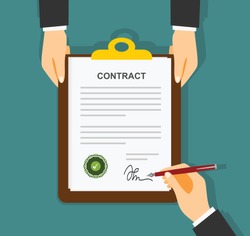 Businessman signing a document. Man hands with pen and contract. The process of business financial agreement. Document with a signature. Desk with money calculator. Vector 