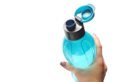 Woman holds eco bottle classic blue color. Tool for fitness. 