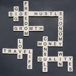 Letters forming Side Hustle and Entrepreneurial words in a cross word style to be used in side hustle gig concepts