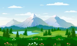 Panoramic views of large mountains, beautiful meadows with flowers. Flat cartoon landscape with nature. Stock vector illustration. EPS 10.