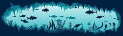 Silhouette of fish and algae in an underwater cave. Sea bottom. Stock vector illustration. Panoramic wallpaper with the underwater world. Underwater landscape. EPS 10