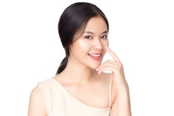 Portrait beautiful young asian woman nose surgery  concept. Asian girl beauty face skin care and health wellness, Facial treatment, Perfect face shape, hand touching nose, on white background.