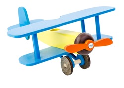 Children's plane of yellow blue color made of wood isolated on white background. Corncorn. The concept of children's toys. Retro Toys