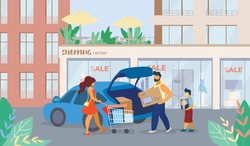 Banner is Written Shopping Center Sale Cartoon. Flyer Family Bought TV on Sale at Mall. Poster Man Puts Box With Purchase in Car. Family Parking Lot Near Store. Vector Illustration.