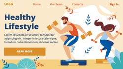 Healthy Lifestyle Horizontal Banner. Outdoor Sport, Cardio Fitness Training, Energetic Hardy Girl and Man Engaged in Active Fitness Sports with Dumbbells on Platform. Cartoon Flat Vector Illustration