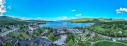 Panoramic aerial view of Lake George New York popular summer vacation destination with colonial wooden fort William Henry