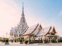Great grand architecture of main hall of Wat Sothon Wararam Worawihan, famous temple of Chachoengsao province, Thailand.
