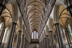View of the interior of the central nave of Salisbury Cathedral, a magnificent example of the early English Gothic style. England