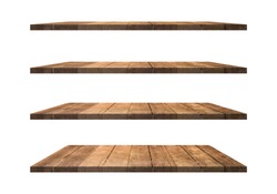 A collection of brown wooden shelves on a white background that separates the objects. There are clipping paths for the designs and decoration