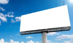 Mockup Large white blank billboard or white promotion poster displayed on the outdoor against the blue sky background. Promotion information for marketing announcements and details