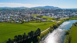 Aerial view of Gore, New Zealand looking toward Hokonui Hills