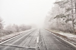 Straight empty wet asphalt road during foggy conditions,glaze ice covered trees, white middle line. Bad weather. 