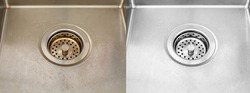 Compare image before - after cleaning with special detergent of the dirty stainless sink in a cafe that been using a long time with coffee wasted. Brown color from the coffee stain on a stainless sink