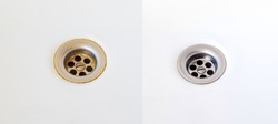 Compare before and after clean the Dirty sink, rusty stain on an old and dirty sink and a rusty metal drain in the bathroom