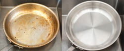 Compare burnt pan image before and after cleaning the unclean able stained pot from burnt cooking pot. The dirty stainless steel pan with the clean pan clean shiny bright like new in the kitchen sink.