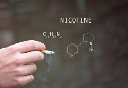 Structural molecular model of Nicotine on soft blurred background of a man's hand holding a cigarette with beautiful smoke.
