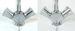 Compare image before- after cleaning with special detergent of the dirty stainless faucet cover with dirty hard calcium water stain in the bathroom. Old dirty faucet with clean and shiny like new. 
