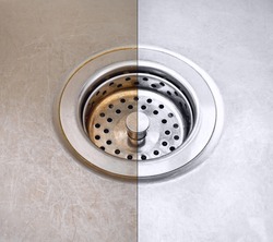 Compare image before - after cleaning with special detergent of the dirty stainless sink in a cafe that been using a long time with coffee wasted. Brown color from the coffee stain on a stainless sink