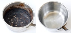 Compare burnt pan before and after cleaning the unclean able stained pot from burnt cookin. The dirty stainless steel pan with the clean pan clean shiny bright like new.