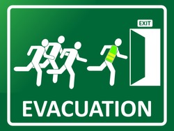 Emergency evacuation exit icon. Group of people silhouette running toward exit. EPS10 vector illustration for poster, sign, symbol, template, banner, print. Safety direction signboard.