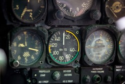 Close up gauge meter and displays in the console of aircraft cockpit. Control panel in a plane cockpit. Vintage aircraft cockpit detail