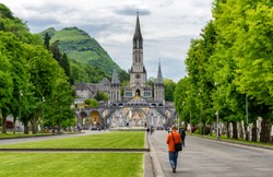 View of the basilica of Lourdes city in France