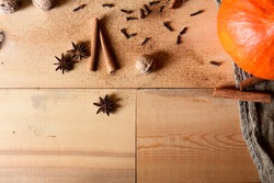 Pumpkin or pumpkin stillife on old wooden background. Autumn stillife