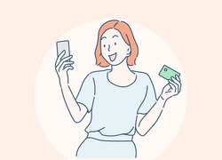 
Young women is shopping online with a mobile phone. she spends via credit card by mobile app. Hand drawn in thin line style, vector illustrations.