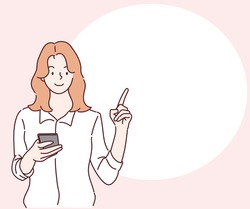 Young girl holding smartphone and pointing to copy space. Hand drawn in thin line style, vector illustrations.