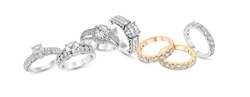 diamond stacked rings group on white background,white gold,yellow gold,rose gold