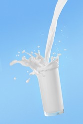 Pouring milk into glass cup with splashing on blue background