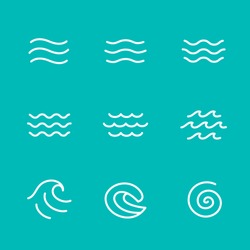Ocean, sea waves vector illustration flat simple lines, icons, symbols set