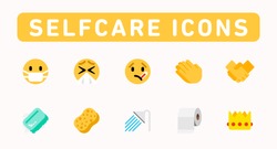 Self Care Rules Vector Icons Set. Hand washing, handshake, soap, toilet paper, sponge, bath tube, crown icons collection. Coronavirus, Covid 19 Protection Rules.