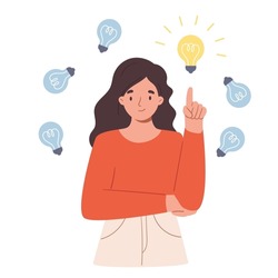 Young woman with light bulbs that symbolize ideas. Decision making and choosing ideas. Vector flat illustration