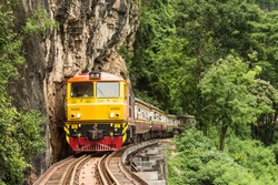 Attractions/Vehicles - Train passing wooden bridge railway (Dead railway, Death-railway) in Kanchanaburi, Thailand picture 1