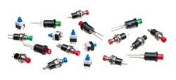 Various miniature push button switches isolated on white panoramic background. Collection of small electronic components with round on or off pushbuttons or metal pins to use in PCB. Electromechanics.
