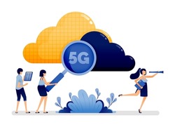 Illustration design of cloud technology and 5g internet in streamlining speed of search engines in processing data. Vector can be used to landing page, web, website, poster, mobile apps, ads, flyer