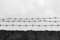 Barbed wire on fence, cloudy sky, black and white