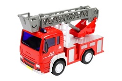 Red toy fire truck, on a white background, isolated image