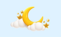 Crescent moon, golden stars and white clouds 3d style isolated on blue background. Dream, lullaby, dreams background design for banner, booklet, poster. Vector illustration EPS10