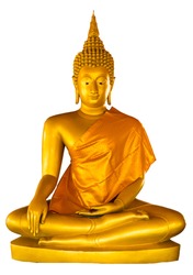Golden Buddha statue illuminated isolated on white background  with clipping path