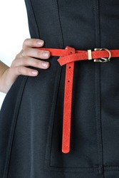 Items of women's clothing, dark dress and red strap.