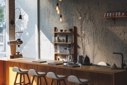 cafe interior Layout in a loft style in dark colors open space interior view of various coffee Welcome open coffee shop background