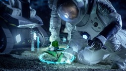 Two Astronauts Analyzing Plant Life Found on Alien Planet. Infographics Show Data about Oxygen Generation, DNA and Molecular Structure. Technological Advance and Space Exploration.