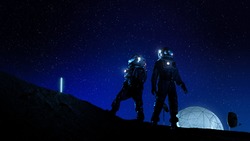 Two Astronauts in Space Suits Stand on the Moon Looking at the Beautiful Nght Sky Full of Stars. In the Background Lunar Base with Geodesic Dome. Moon Colonization and Space Travel Concept.