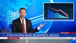 Live News Studio with Professional Anchor doing Financial and Business Report, Showing Stock Market Crash and Crisis Chart. Television Channel Newsroom with Newscaster Talking