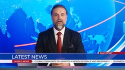 Live News Studio with Professional Anchor Reporting on the Events of the Day. Television Channel Newsroom with Newscaster Talking. Running Ticker Shows Latest News.