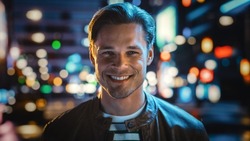 Portrait of Handsome Blonde Man Smiling, Looking at Camera, Standing in Night City with Bokeh Neon Street Lights in Background. Happy Confident Young Man with Stylish Hair. Close-up Portrait